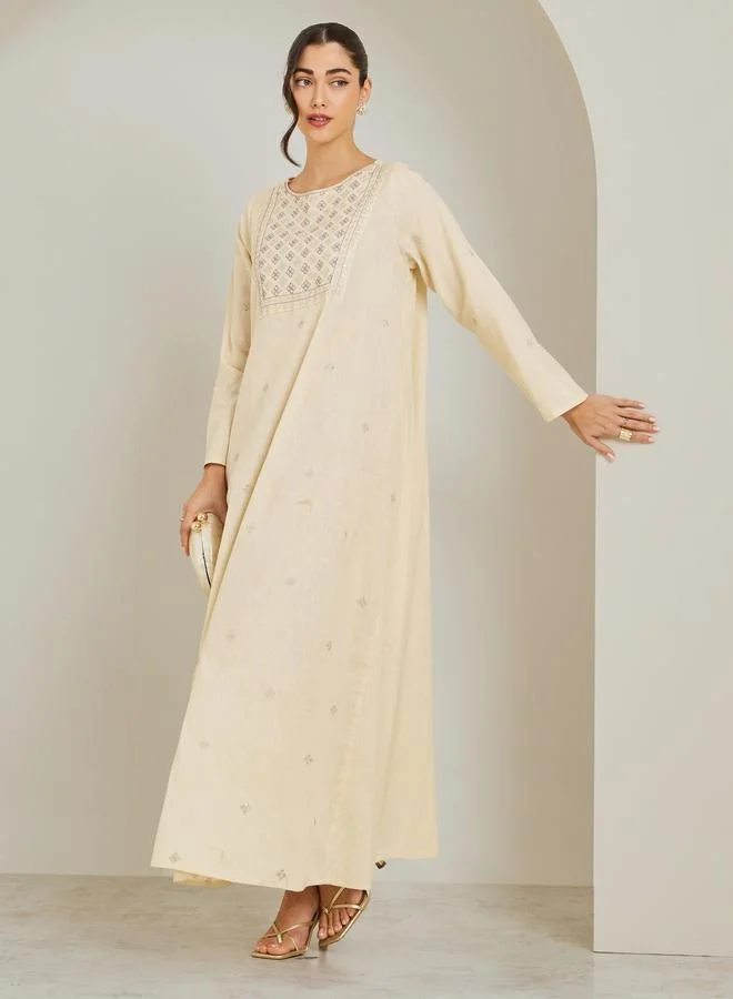 Amirah  Women Cream Embroidered A-Line Jalabiya for Women | Best Price UAE